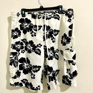 Black and White Floral Cargo style swim trunks